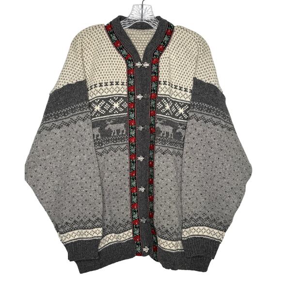 Vintage Nordic Wool Cardigan Sweater Gray Fair Isle Reindeer Pattern XL - Picture 2 of 12